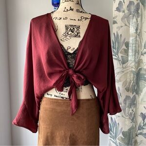 Olivaceous Tie front top with kimono style sleeves - burgundy - small